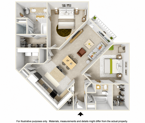 Floor plan for 2 beds, 2 baths, 1266 sqft